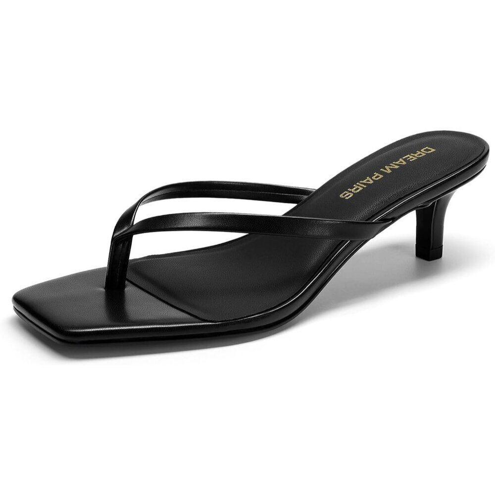 Dream Pairs Women Black Faux Leather  Square Open Toe  Low Heels Sandals Shoes